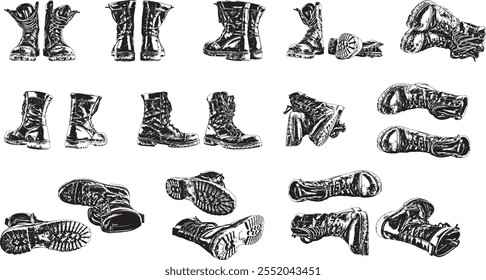 set of dirty military style light ankle boots isolated on white background