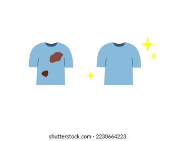 Set of Dirty shirt with stains and Clean shirt. Before and after. Cleaning, hygiene concepts. Flat cartoon vector design illustration isolated on white background.