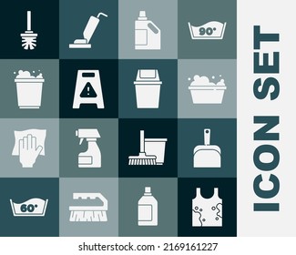 Set Dirty t-shirt, Dustpan, Basin with soap suds, Bottle for cleaning agent, Wet floor, Bucket foam, Toilet brush and Trash can icon. Vector