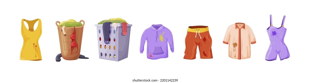 Set of dirty unwashed clothes apparel with stains. Laundry baskets filled with dirty clothes pile. Male and female garments. Shorts, shirt, tank top, hoodie. Housework, hygiene, mess cartoon vector