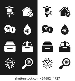 Set Dirty water drop, Question and Exclamation, Scooter service, House, Drawer with documents, Upload inbox, Microorganisms under magnifier and Bacteria icon. Vector
