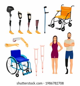 A set of disability elements and people with disabilities. Vector illustration in cartoon style.