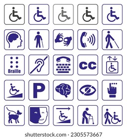 Set of disability icons or graphic elements with information about disability, accessibility icons for people with disabilities or people with disabilities icons. Vector illustration.