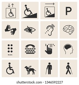 Set of disability icons: mental, physical, sensory, intellectual disability symbols. Isolated on background. Set of disabled signs: deaf, blind, mute and wheelchair icons.