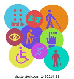Set of disability icons. Icons of mental, physical, sensory, intellectual limitations. EPS 10.