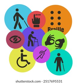 Set of disability icons. Icons of mental, physical, sensory, intellectual disabilities. EPS 10.