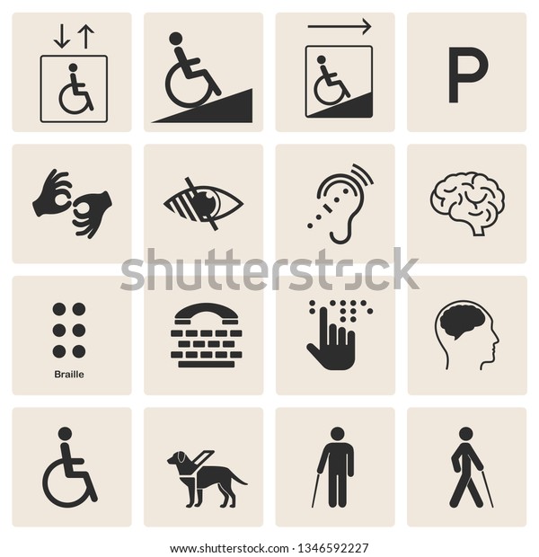 Set of disability\
icons: mental, physical, sensory, intellectual disability symbols.\
Isolated on background. Set of disabled signs: deaf, blind, mute\
and wheelchair icons.
