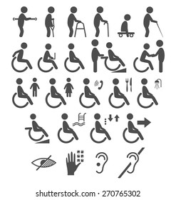 Set Of Disability People Pictograms Flat Icons Isolated On White Background