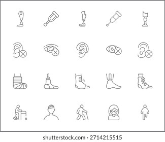 Conjunto de iconos planos de pictogramas de Personas de discapacidad. Contiene iconos como atención médica para discapacitados, herramientas médicas, equipo, figura de palo, muletas, silla de ruedas, bastón, silla de ruedas eléctrica, scooter eléctrico