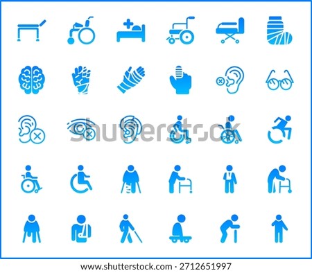 Set of Disability People Pictograms Flat Icons. Contains such Icons as Disabled health care, medical tools, equipment stick figure, crutches, wheelchair, cane, electric wheelchair, power scooter