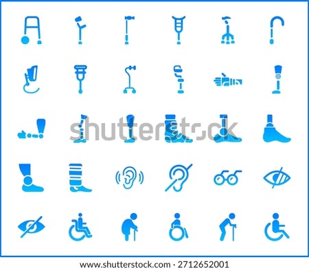Set of Disability People Pictograms Flat Icons. Contains such Icons as Disabled health care, medical tools, equipment stick figure, crutches, wheelchair, cane, electric wheelchair, power scooter
