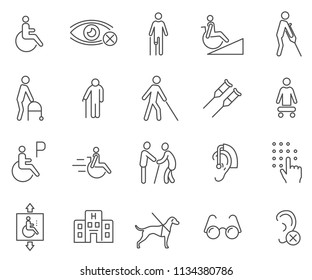 Set of disability Related Vector Line Icons. Contains such Icons as deaf- blind- dog guide- people living with disabilities- amputee and more. svg