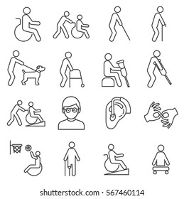 Set disabilityRelated Vector Line Icons  Includes such Icons as disabled  crutches  hearing aid  blind  sports for the disabled  mute  guide dog  assistance