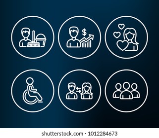 Set of Disabled, Business growth and Cleaning service icons. People communication, Love and Group signs. Handicapped wheelchair, Earnings results, Bucket with mop. Vector