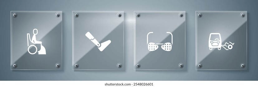 Conjunto de coche para discapacitados, gafas ciegas, prótesis de pierna y silla de ruedas de mujer. Paneles de vidrio cuadrados. Vector