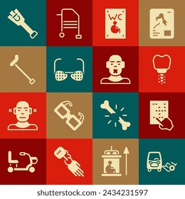 Set Disabled car, Braille, Dental implant, Separated toilet for disabled, Blind glasses, Walking stick cane, Prosthesis leg and Head of deaf and dumb icon. Vector