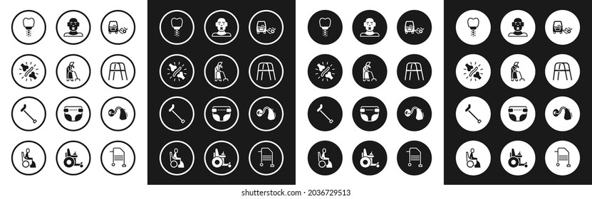 Set Disabled car, Grandmother, Joint pain, knee pain, Dental implant, Walker, Head of deaf, Hearing aid and Walking stick cane icon. Vector