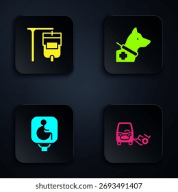 Set Coche para minusválidos, bolso IV, silla de ruedas y perro guía. Botón cuadrado negro. Vector