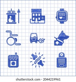 Set Disabled car, Joint pain, knee pain, Intercom, Guide dog, Press the SOS button, Wheelchair, Smart watch and Elevator for disabled icon. Vector