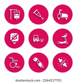 Set Disabled car, Prosthesis hand, Joint pain, knee pain, Treadmill machine, Wheelchair, Blindness, Hospital bed and IV bag icon. Vector