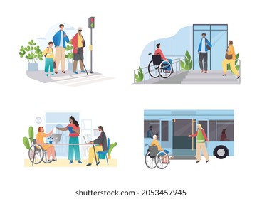 Set of disabled. Collection of pictures with modern technologies. Caring for people with disabilities, inclusion at modern society. Cartoon flat vector illustration isolated on white background