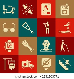 Set Disabled elevador, Blind human holding stick, Treadmill machine, X-ray shots, Crutch multches, gafas, silla de ruedas eléctrica e icono humano roto del brazo. Vector