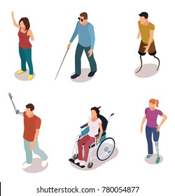 Set of disabled people cartoon isometric style vector illustration