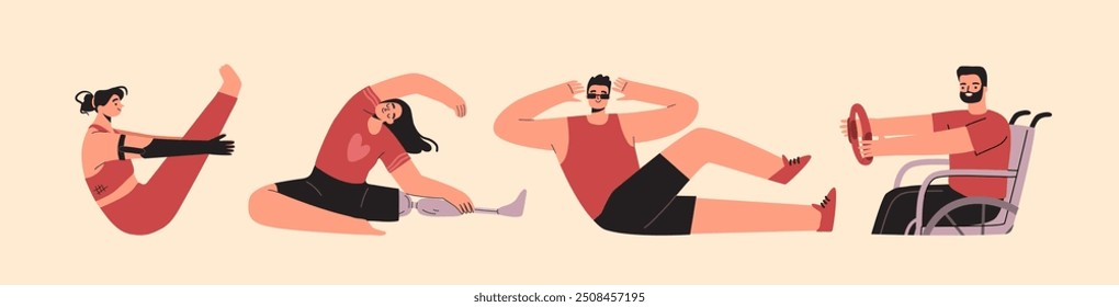 Set of disabled people doing exercise 