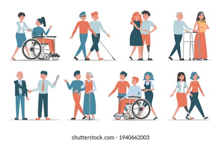 Set of disabled people with friends and family vector isolated. Idea of help and support. Happy characters spend time together. People with disability communicate othe people.