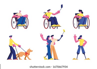 Set of Disabled People Lifestyle. Male and Female Handicapped Characters Young and Old Men and Women Riding on Wheelchair, Walk with Dog Guide, Make Selfie, Meet Friends. Cartoon Vector Illustration