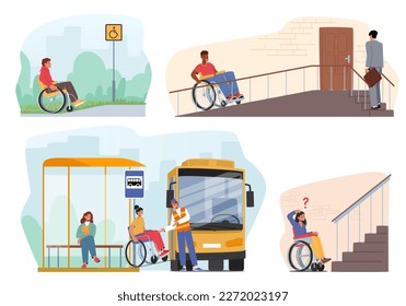 Set of Disabled People On Wheelchairs Using Ramps To Access Buildings, Streets, Transport Or Other Places. Concept Of Accessibility, Inclusion, And Disability Rights. Cartoon Vector Illustration