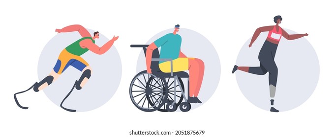 Set of Disabled People Run. Athlete Characters Sportsmen and Sportswomen Jogging on Wheelchair or Bionic Leg Prosthesis, Young Amputee Men or Women Running Marathon. Cartoon Vector Illustration, Icons