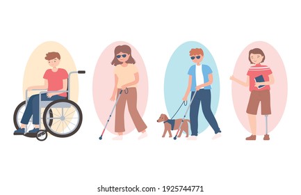 conjunto de personas discapacitadas en silla de ruedas, ciego, ilustración de la caricatura del vector de prótesis de piernas