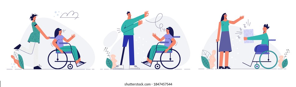 Set with disabled persons, handicapped friendly character concept,  group of happy people with disability, portrait special person,  handicap friends. Modern flat vector illustration isolated on white