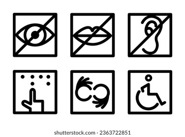 Set of Disabled Signs. Handicapped Man Sitting in Wheelchair, Deaf-Mute, Gestures, Brailler, Blind, Deaf Disease Icons. Set of Disabled People Signs. Vector Graphics in Linear style