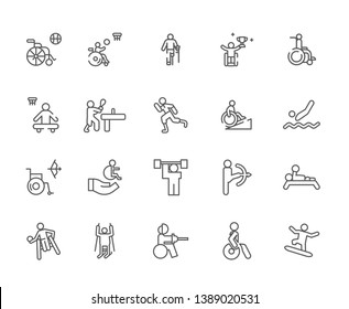 Set of disabled sports Related Vector Line Icons. Includes such Icons as Sports, Paralympic games, disabled, sports for disabled, wheelchair, crutches, disability - vector