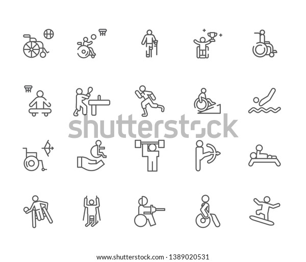 Set of disabled\
sports Related Vector Line Icons. Includes such Icons as Sports,\
Paralympic games, disabled, sports for disabled, wheelchair,\
crutches, disability -\
vector