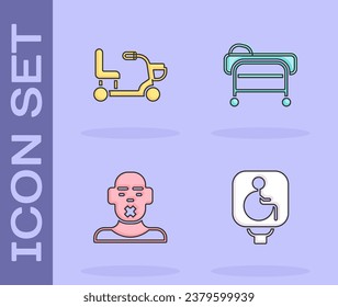 Set Disabled wheelchair, Electric, Head of deaf and dumb and Stretcher icon. Vector