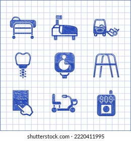 Set Disabled wheelchair, Electric, Press the SOS button, Walker, Braille, Dental implant, car and Stretcher icon. Vector