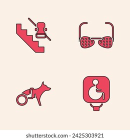 Set Disabled wheelchair, elevator, Blind glasses and Dog icon. Vector