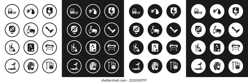 Set Disabled wheelchair, Hospital bed, Blindness, car, Prosthesis leg, Hearing aid, Stretcher and Woman icon. Vector