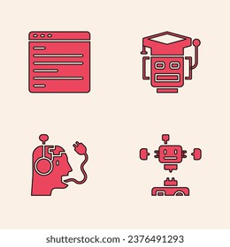 Set Disassembled robot, Computer api interface, Robot and charging battery icon. Vector