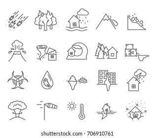 Set of disaster Related Vector Line Icons. Contains such Icons as accident, crash, plane crash, flood, fire, road traffic accident and more.