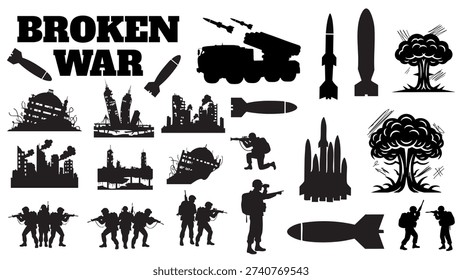 set of disaster scenes and destroyed military equipment for war impact illustration