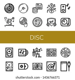 Set of disc icons such as Cd, DJ, Floppy disk, Music, Turntable, Hard drive, Hard disk, Lp, Cds, Disc jockey, Disc ,