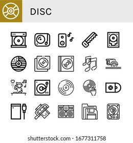 Set of disc icons. Such as Compact disc, Turntable, Music, Saw, Hard drive, Cd, Dvd, Circular saw, DJ, Vynil, Cds, Floppy disk, Hard disk , disc icons