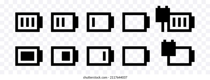 A set of discharged and charged batteries. Laptop, smartphone or pc battery icons. Vector clipart.