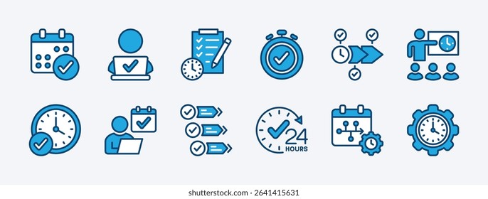 Set of discipline icon. Contains time management, on schedule, core, rules, behavior, diligent employee, hard work, step, plan, strategy, timetable, commitment, routine, calendar. Vector illustration