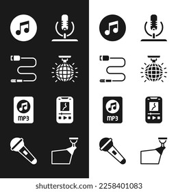 Set Disco ball, Audio jack, Music note, tone, Microphone, MP3 file document, player, Movie spotlight and  icon. Vector