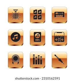 Set Disco-Ball, Audio-Jack, Music Equalizer, MP3-Datei-Dokument, Notiz, Ton, Synthesizer und Symbol. Vektorgrafik